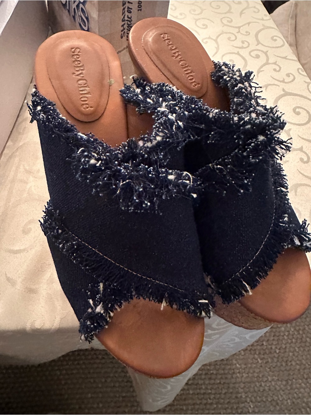 See By Chloe Navy Fringed Denim Slide Sandals